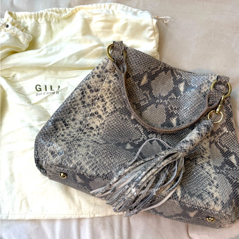 G.I.L.I. Shoulder/Top Handle Bag with Long Strap Snake Print over Suede